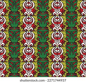Tribal vector seamless Navajo pattern. Hand drawn abstract background. Geometric damascus ornament. Ikat border. Ethnic embroidery with leaves and monograms. Tribal vector texture. Seamless folk patte