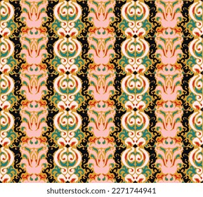 Tribal vector seamless Navajo pattern. Hand drawn abstract background. Geometric damascus ornament. Ikat border. Ethnic embroidery with leaves and monograms. Tribal vector texture. Seamless folk patte