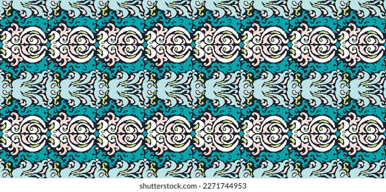 Tribal vector seamless Navajo pattern. Hand drawn abstract background. Geometric damascus ornament. Ikat border. Ethnic embroidery with leaves and monograms. Tribal vector texture. Seamless folk patte