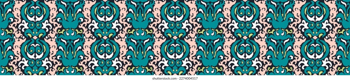 Tribal vector seamless Navajo pattern. Hand drawn abstract background. Geometric damascus ornament. Ikat border. Ethnic embroidery with leaves and monograms. Tribal vector texture. Seamless folk patte