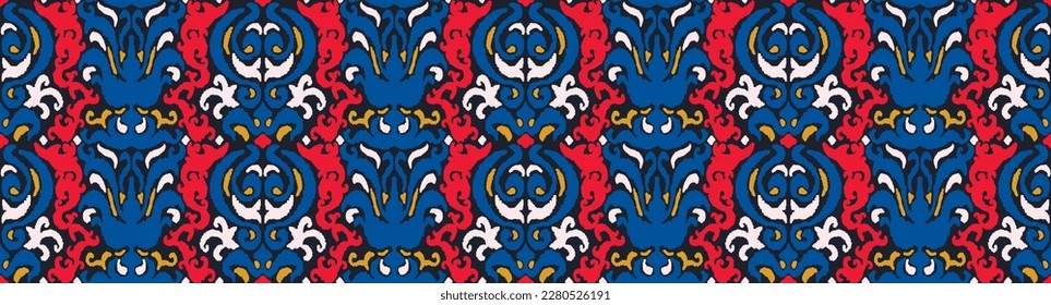 Tribal vector seamless Navajo pattern. Hand drawn abstract background. Geometric damascus ornament. Ikat border. Ethnic embroidery with leaves and monograms. Tribal vector texture. Seamless folk patte