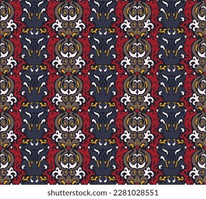 Tribal vector seamless Navajo pattern. Hand drawn abstract background. Geometric damascus ornament. Ikat border. Ethnic embroidery with leaves and monograms. Tribal vector texture. Seamless folk patte