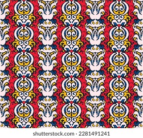 Vector tribal sin fisuras patrón Navajo. Trajo mano de fondo abstracto. Ornamento de damasco geométrico. Frontera Ikat. bordado étnico con hojas y monogramas. Textura vectorial tribal. Patata de folclore sin mar