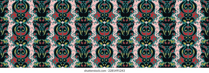Tribal vector seamless Navajo pattern. Hand drawn abstract background. Geometric damascus ornament. Ikat border. Ethnic embroidery with leaves and monograms. Tribal vector texture. Seamless folk patte