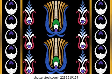 Vector tribal sin fisuras patrón Navajo. Trajo mano de fondo abstracto. Ornamento de damasco geométrico. Frontera Ikat. bordado étnico con hojas y monogramas. Textura vectorial tribal. Gente sin mar 