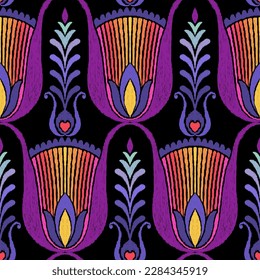 Tribal vector seamless Navajo pattern. Hand drawn abstract background. Geometric damascus ornament. Ikat border. Ethnic embroidery with leaves and monograms. Tribal vector texture. Seamless folk 