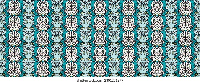 Tribal vector seamless Navajo pattern. Hand drawn abstract background. Geometric damascus ornament. Ikat border. Ethnic embroidery with leaves and monograms. Tribal vector texture. Seamless folk patte