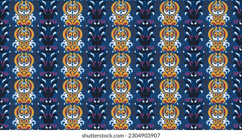 Vector tribal sin fisuras patrón Navajo. Trajo mano de fondo abstracto. Ornamento de damasco geométrico. Frontera Ikat. bordado étnico con hojas y monogramas. Textura vectorial tribal. Patata de folclore sin mar