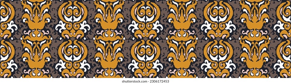 Vector tribal sin fisuras patrón Navajo. Trajo mano de fondo abstracto. Ornamento de damasco geométrico. Frontera Ikat. bordado étnico con hojas y monogramas. Textura vectorial tribal. Patata de folclore sin mar