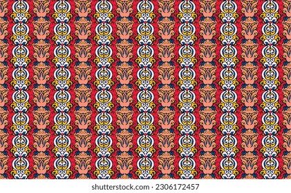 Vector tribal sin fisuras patrón Navajo. Trajo mano de fondo abstracto. Ornamento de damasco geométrico. Frontera Ikat. bordado étnico con hojas y monogramas. Textura vectorial tribal. Patata de folclore sin mar