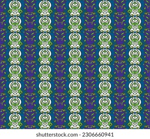 Vector tribal sin fisuras patrón Navajo. Trajo mano de fondo abstracto. Ornamento de damasco geométrico. Frontera Ikat. bordado étnico con hojas y monogramas. Textura vectorial tribal. Patata de folclore sin mar