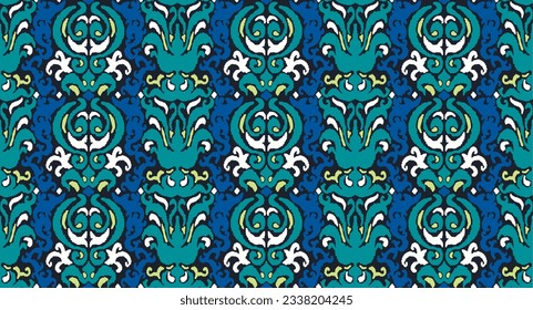 Vector tribal sin fisuras patrón Navajo. Trajo mano de fondo abstracto. Ornamento de damasco geométrico. Frontera Ikat. bordado étnico con hojas y monogramas. Textura vectorial tribal. Patata de folclore sin mar