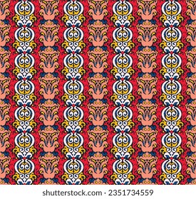 Stamm Vektor nahtlose Navajo Muster. Handgezeichnet abstrakter Hintergrund. Geometrisches Damaskus-Ornament. Ikat Grenze. Ethnische Stickerei mit Blättern und Monogrammen. Stammesvektorstruktur. Nahtlose Volkspartei