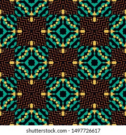 Tribal vector seamless pattern. Colorful geometric ornamental background. Ethnic repeat decorative backdrop. Folk  ornament with rhombus, squares, borders, stripes, zigzag. Patterned abstract design.