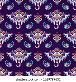 Tribal vector seamless pattern with elephant, paisley and lotus. Ethnic indian background. Vintage retro color. Hand drawn illustration. Wallpaper, cloth design, fabric, paper, textile, cotton