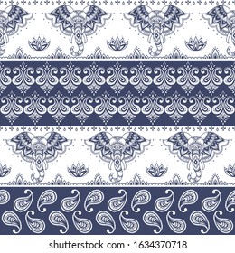 Tribal vector seamless pattern with elephant, paisley and lotus. Ethnic indian background. Vintage retro color. Hand drawn illustration. Wallpaper, cloth design, fabric, paper, textile, cotton