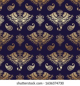 Tribal vector seamless pattern with elephant, paisley and lotus. Ethnic indian background. Vintage golden color. Hand drawn illustration. Wallpaper, cloth design, fabric, paper, textile, cotton