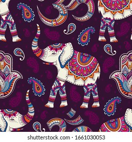 Tribal vector seamless pattern with elephant, hams and om sign and symbol. Ethnic indian background. Vintage retro neon colors. Hand drawn illustration. Wallpaper, cloth design, fabric, tissue, carpet