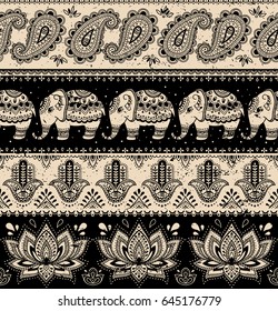 Tribal vector seamless pattern with elephant, paisley, hamsa and lotus. Ethnic indian background. Vintage retro color. Hand drawn illustration. Wallpaper, cloth design, fabric, paper, textile