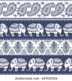 Tribal vector seamless pattern with elephant, paisley and hamsa. Ethnic indian background. Vintage retro color. Hand drawn illustration. Wallpaper, cloth design, fabric, paper, textile, cotton