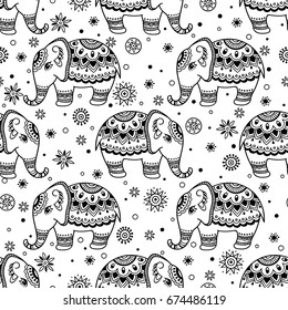 Tribal vector seamless pattern with elephant. Ethnic indian background. Vintage retro color. Hand drawn illustration. Wallpaper, cloth design, fabric, tissue, cover, textile template.