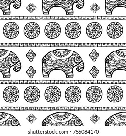 Tribal vector seamless pattern with elephant, paisley and hamsa. Ethnic indian background. Vintage retro color. Hand drawn illustration. Wallpaper, cloth design, fabric, paper, textile, cotton