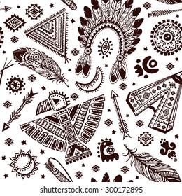 Tribal vector seamless pattern with native American Indian symbols