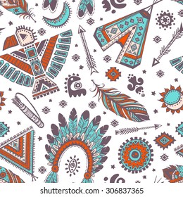 Tribal vector seamless pattern with native American Indian symbols