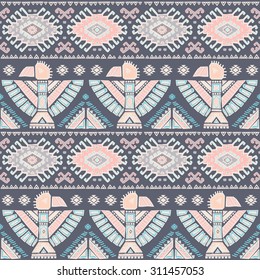 Tribal vector seamless pattern with native American Indian symbols