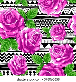  tribal vector seamless pattern with pink roses. aztec fancy abstract geometric art print with flower. Wallpaper, cloth design, fabric, paper, cover, textile design template. hand drawn