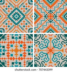 Tribal vector seamless pattern set. Aztec fancy abstract geometric art print. Ethnic hipster backdrop. Wallpaper, cloth design, fabric, paper, cover, textile design template.
