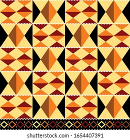 Tribal vector seamless textile pattern - Kente mud cloth style, traditional geometric nwentoma design from Ghana, African in yellow and brown. Repetitive african motif with abstract shapes, 