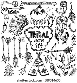 Tribal vector set. Hand drawn illustration with natural objects in doodle style. Trendy boho, tribal  collection with dream hunters, arrows, deer, feathers, indian elements for print and posters.