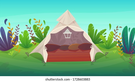 Tribal Vector - Teepee house tent , wigwam camping at the forest nature background . vector scenery landscape illustration