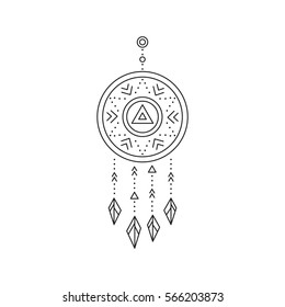 Tribal vector thin line icon, native indian talisman dreamcatcher. Boho element, bohemian style, ethnic american symbol. Black on white isolated illustration. Simple mono linear modern design.