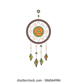 Tribal vector thin line icon, native indian talisman dreamcatcher. Boho element, bohemian style, ethnic american symbol. Colored isolated illustration. Simple mono linear modern design.