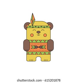 Tribal vector thin line icon, bear Indian. Boho element, bohemian style. Logo template. Colored isolated illustration. Simple mono linear modern design.