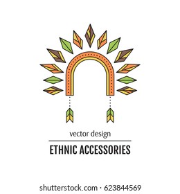 Tribal vector thin line icon, War bonnet, iroquois. Boho element, bohemian style. Logo template for accessories shop. Isolated illustration. Simple mono linear modern design.