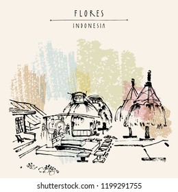 Tribal village near Bajawa, Flores, East Nusa Tenggara province, Indonesia. Graves and sacred houses. Hand drawn vintage book illustration, postcard or poster template in vector