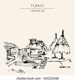 Tribal village near Bajawa, Flores, East Nusa Tenggara province, Indonesia. Graves and sacred houses. Hand drawn vintage book illustration, postcard or poster template in vector