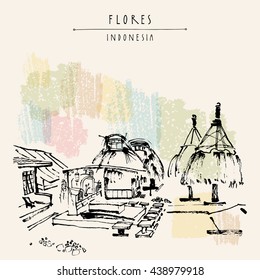 Tribal village near Bajawa, Flores, East Nusa Tenggara province, Indonesia. Graves and sacred houses. Travel sketch. Hand drawn vintage book illustration, postcard or poster template in vector