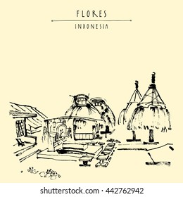 Tribal village near Bajawa, Flores, East Nusa Tenggara province, Indonesia. Graves and sacred houses. Travel sketch. Hand drawn vintage book illustration, postcard or poster template in vector