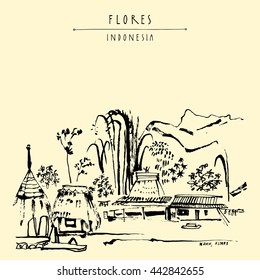 Tribal village near Bajawa, Flores, East Nusa Tenggara province, Indonesia. Bamboo, hills and sacred houses. Travel sketch. Hand drawn vintage book illustration, postcard or poster template in vector