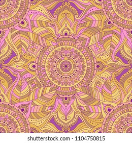 Tribal vintage ethnic seamless pattern with floral mandala. Pink and yellow oriental ornament, boho gypsy style. Vector background.