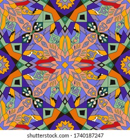 Tribal. Vintage ethnic seamless pattern. Islamic, arab, arabic geometric multicolor summer print. Hipster hand drawn. Aztec neon backdrop. Wallpaper. prints on textiles, fabrics, clothes, boys, girls.