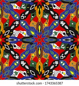 Tribal. Vintage ethnic seamless pattern. Islamic, arab, arabic geometric multicolor summer print. Hipster hand drawn. Aztec neon backdrop. Wallpaper. prints on textiles, fabrics, clothes, boys, girls.