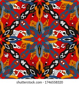Tribal. Vintage ethnic seamless pattern. Islamic, arab, arabic geometric multicolor summer print. Hipster hand drawn. Aztec neon backdrop. Wallpaper. prints on textiles, fabrics, clothes, boys, girls.