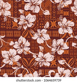 Tribal Vintage Hawaiian Hibiscus Flowers Wallpaper,  Hawaii Abstract Grunge Floral Vector Seamless Pattern 