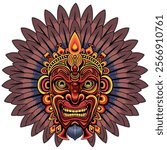 Tribal Warrior King Mask surrounded by a Feathers crown ritual ornamental apparel vector illustration isolated on white
