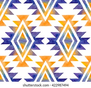 Tribal watercolor seamless pattern. Fashion trendy aztec background. Hand drawn colorful geometric pattern. Modern abstract wallpaper. Vector illustration. 